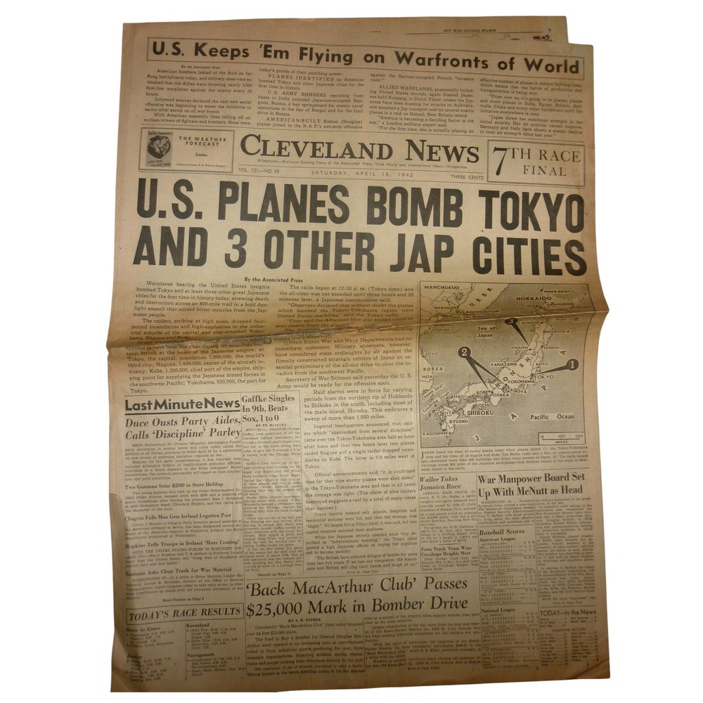 Apr 18 1942 Cleveland News WWII Newspaper Doolittle Raid Tokyo Bombed Map War
